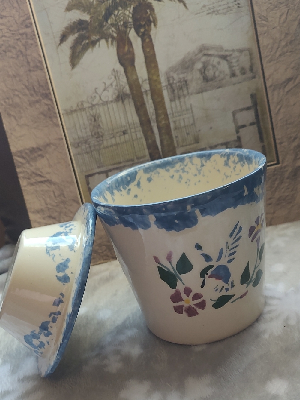 🐦 Planter and Matching Saucer - Blue and Cream - Picture 7 of 8